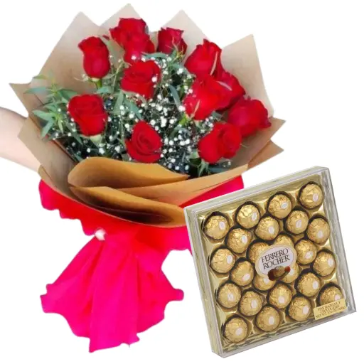 Ramo de flores rosas importadas con ferrero rocher x 24